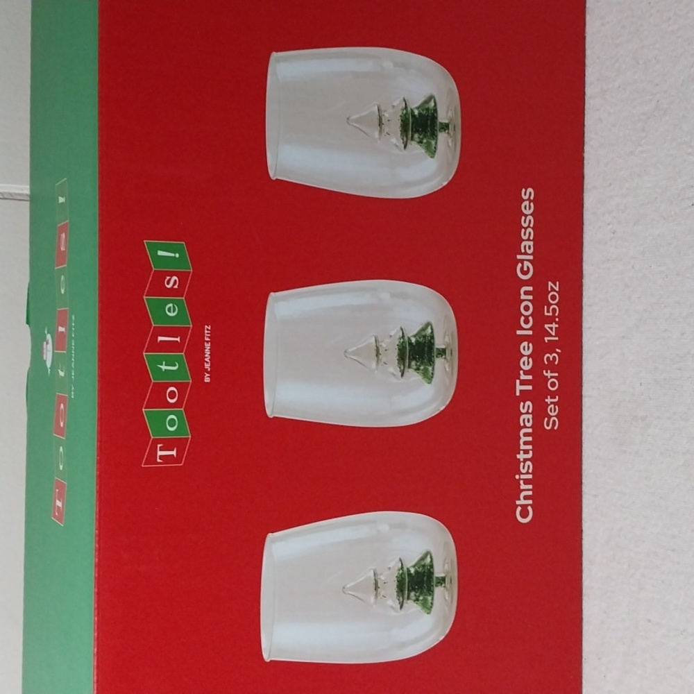 Tootles Set of 3 Christmas Tree Cocktail Stemless Wine Glasses 14.5 Oz NEW